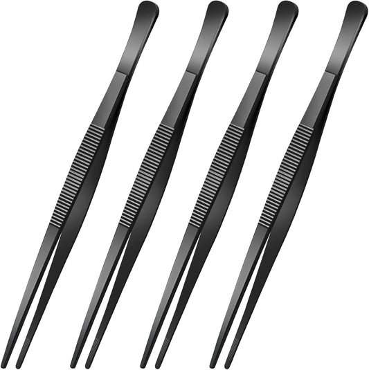 Yaomiao 4 Packs 8 Inch Bar Tweezers Black Long Garnish Tongs Stainless Steel Kitchen Cooking Tongs Tweezers for Food Cocktail Korean BBQ Bartender Chef, Multi-use