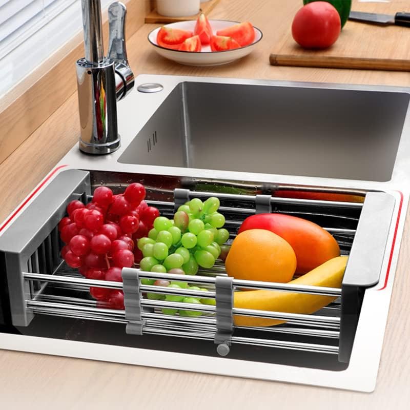 Cyrank Dish Drying Rack, Over The Sink PET Kitchen Rack, Expandable Drain Basket, Adjustable Stainless Steel Strainer, S#Grey