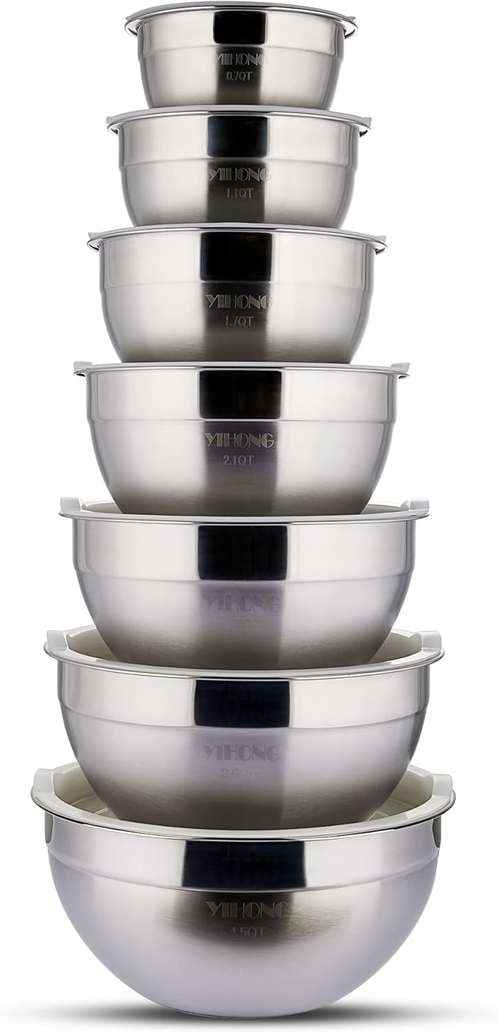 YIHONG Stainless Steel Mixing Bowls Set, 7 Piece Metal Mixing Bowls with Lids Set for Kitchen, Nesting Steel Mixing Bowls Ideal for Baking, Prepping, Cooking, and Serving Food(White)