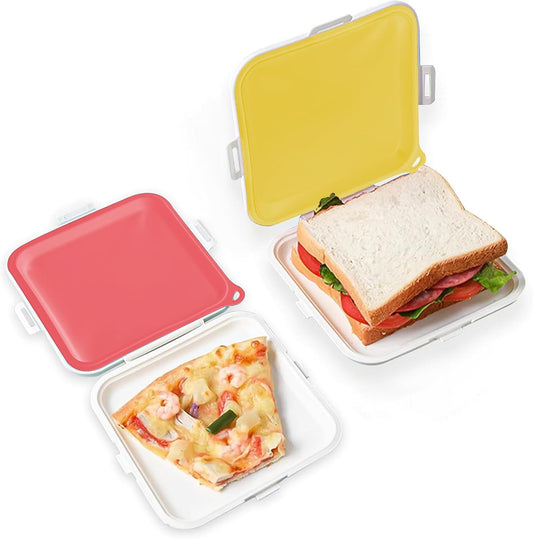 Sandwich Containers, Silicone Sandwich Storage with Snap-Off,Sandwich Box for Lunch,BPA Free,Leakproof, Reusable Plastic Sandwich Holder for Fruit,Salad,Snacks and Food Storage (Yellow+Pink)