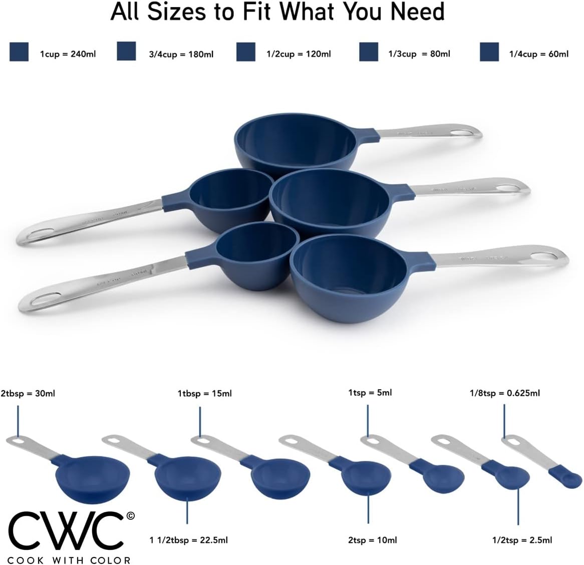 COOK WITH COLOR Measuring Cups Set and Measuring Spoon Set, Stainless Steel Handles, Nesting Kitchen Measuring Set, Liquid Measuring Cup Set, 12 PC Stainless Steel, Navy