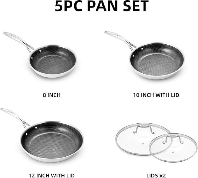 DELUXE Hybrid Ceramic Nonstick 5-Piece Fry Pan Set,8,10,12 Inch Frying Pans with Tempered Glass Lids,Stay-Cool Handles, Dishwasher Safe, Works on All Stovetops (Induction, Gas, Electric)