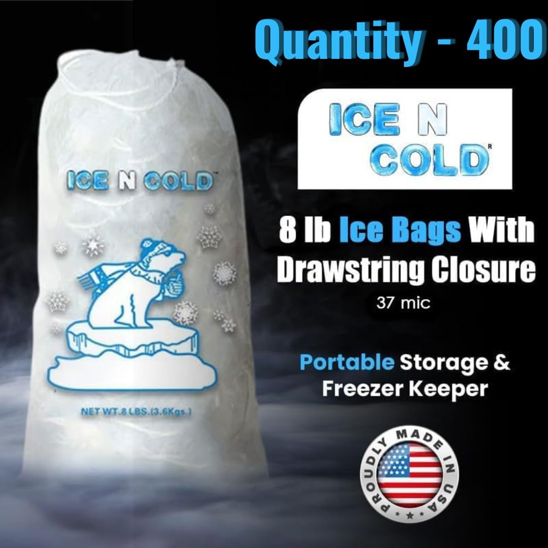 Ice Bags with Drawstring Closure | 8lb, 400ct/cs | 37 mic Thickness | Portable Storage and Freezer Keeper