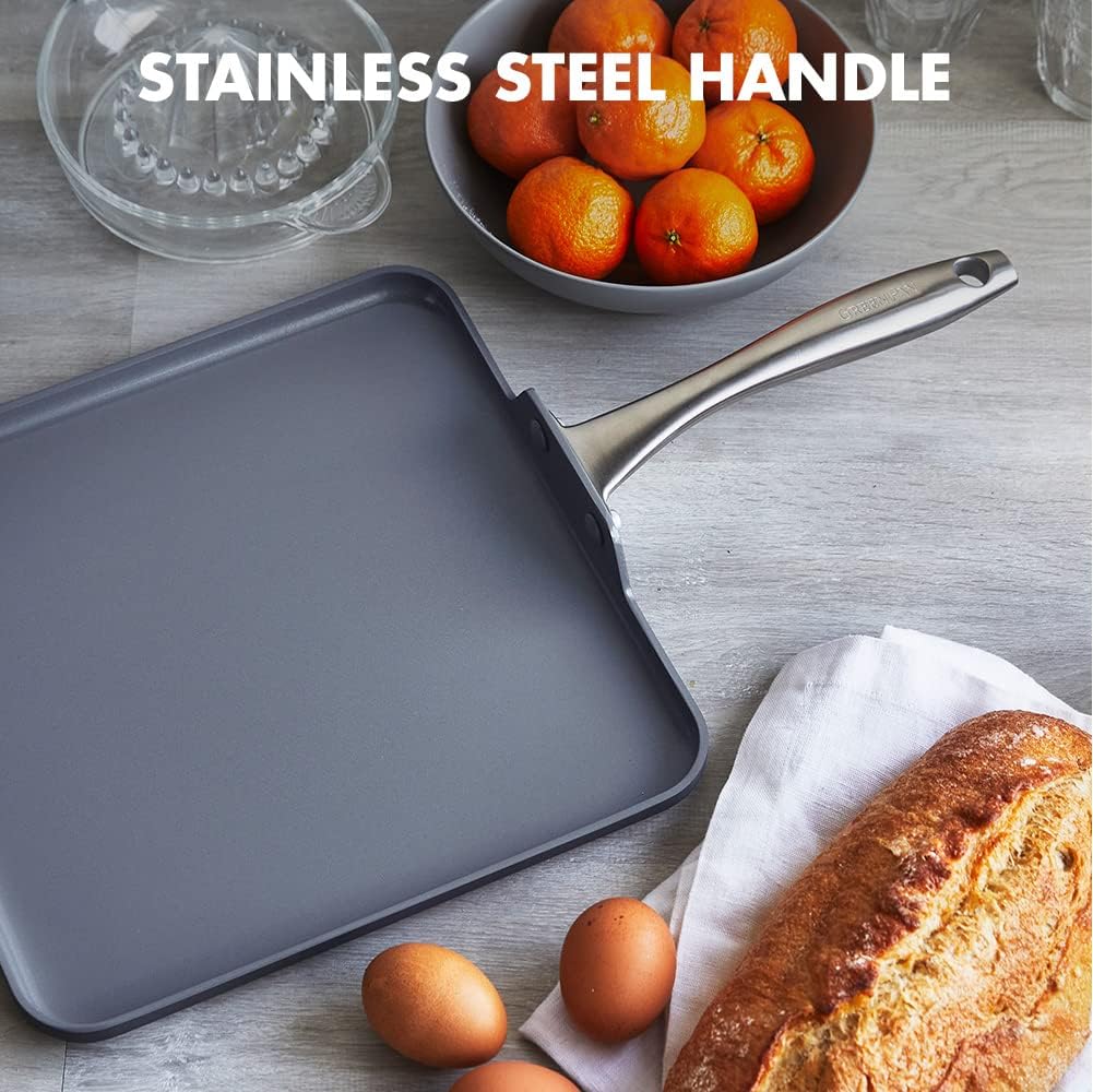 GreenPan Lima Hard Anodized 11” Square Griddle Pan, Ceramic Nonstick, PFAS-Free Nontoxic Pots and Pans, Oven & Broiler Safe, Stainless Steel Handle, Cookware for Eggs & Omelet, Gray