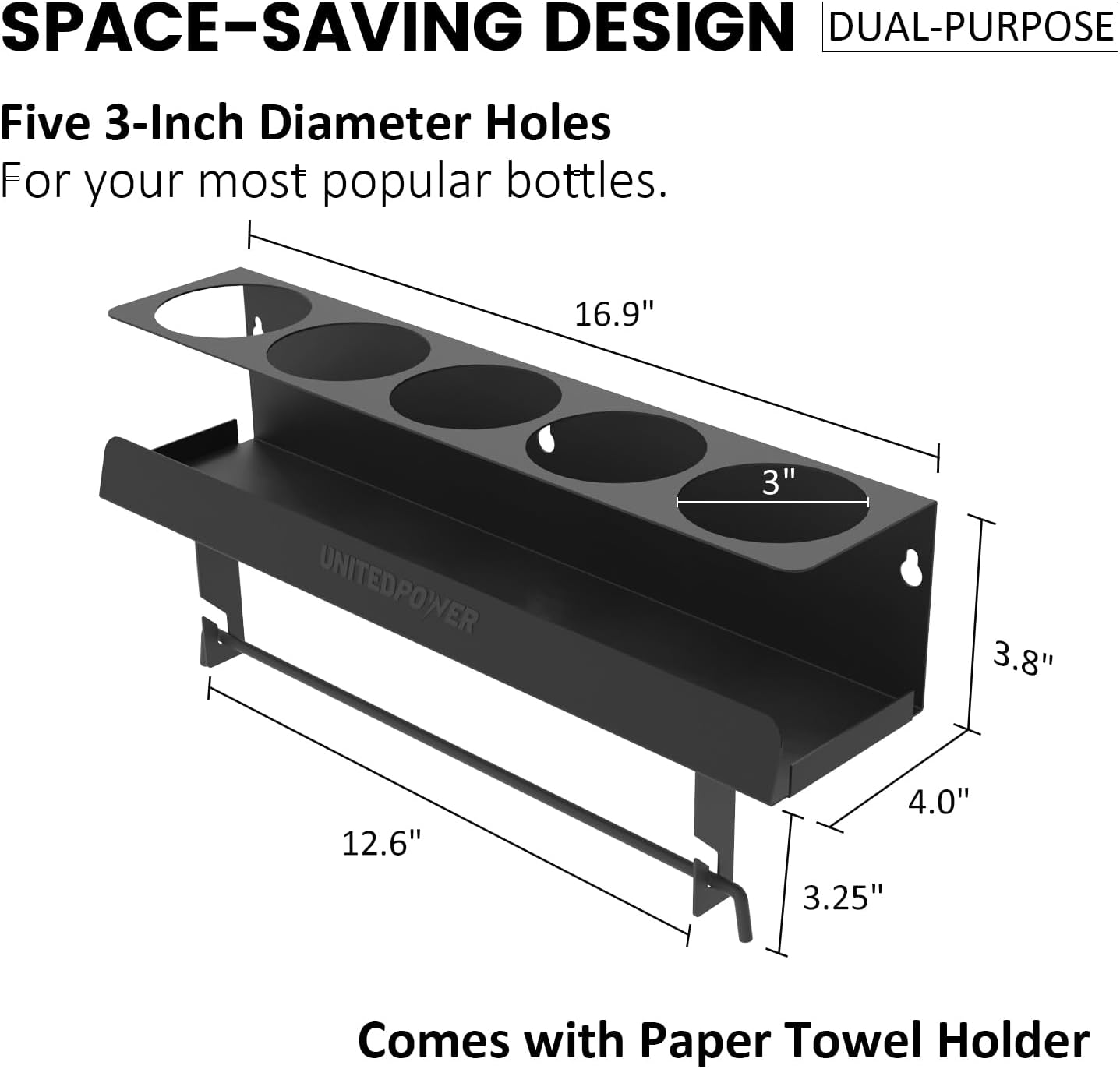 UNITEDPOWER 5 Aerosol Spray Can/Paper Towel Holder, Paint Bottle Storage Rack, Steel Wall Mount Shelf, Tool Organizer for Garage, Craft Workspace and Home