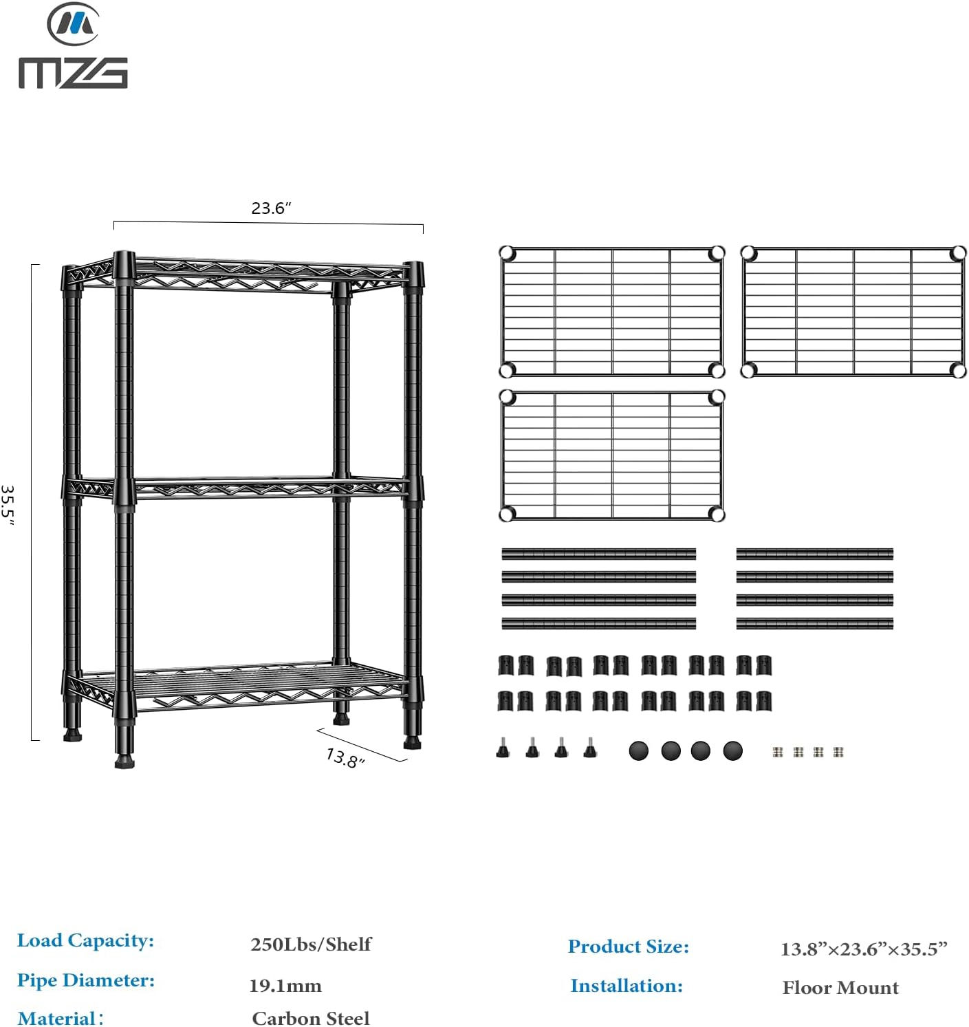 750 lbs 3 Tier Shelf Metal Storage Shelves Shelving Wire Rack Heavy Duty Closet Organizers for Garage Kitchen Bathroom Laundry Black 13.8" D x 23.6" W x 35.5" H