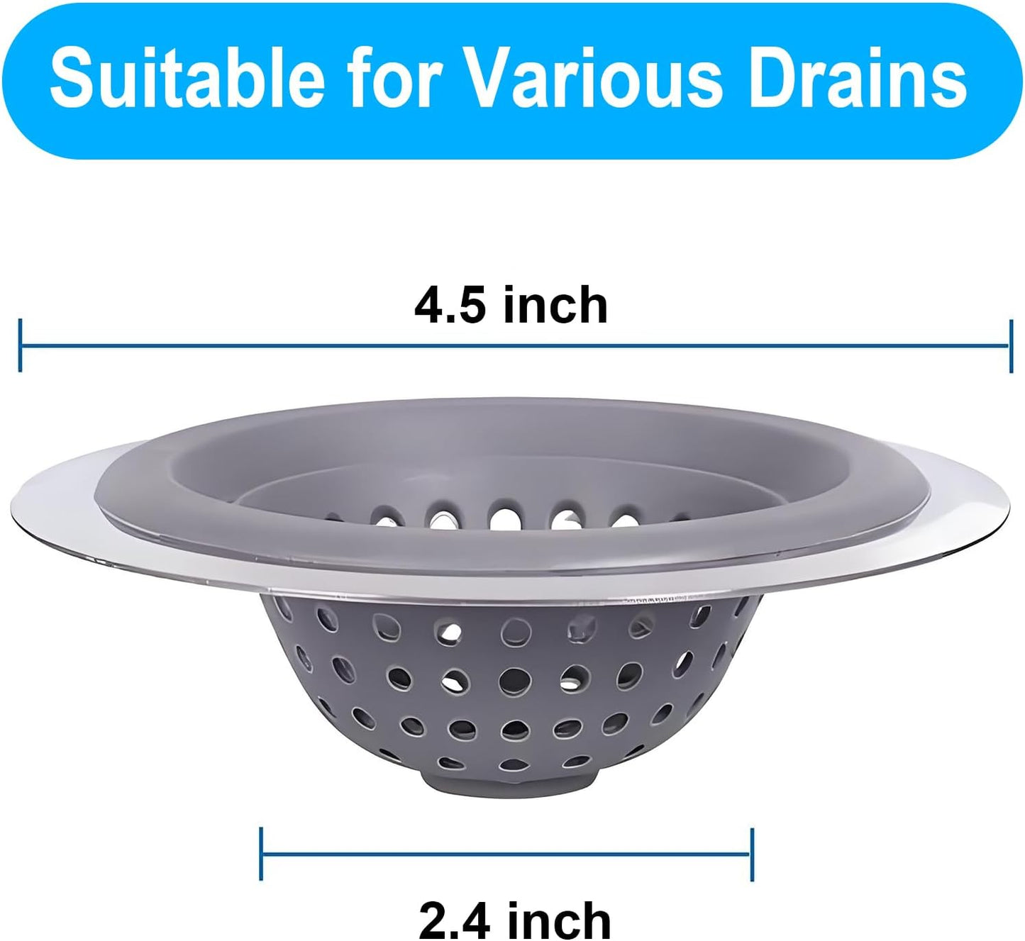2 Pack Kitchen Sink Drain Strainer Silicone Stainless, Drain Protector,Prevent Clogging, Large Wide Rim 4.5 inch Diameter, Tools Home Improvement (Gray)