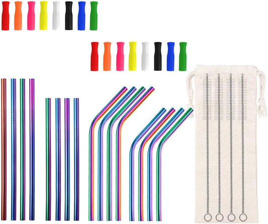 Lazycorner 16 Pcs Short Metal Straw, 6mm 5.5" 6.5" Kids Reusable Straw Silicone Tips Cleaner, Mini Small Stainless Steel Straws Fit 8 10 12 oz Tumbler/Wine Tumblers, Reusable Cocktail Straws(Rainbow)