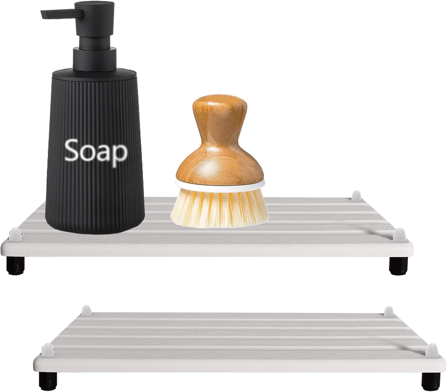 2 PCS Water Absorbing Stone Trays for Bathroom Counter, Fast-Drying Faucet Mat for Kitchen Sink, Diatomite Sink Caddy, Hand Soap Holder with Anti-Skid Feet (11" x 4.7" White)