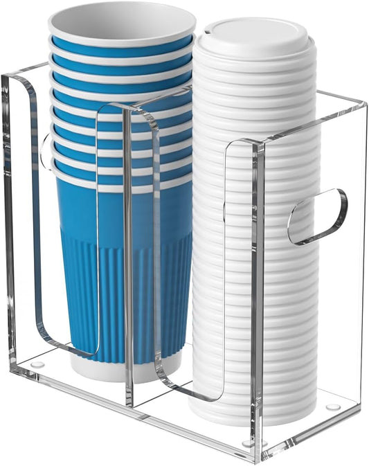 WINFFOR Disposable Cup Organizer Dispenser - 2 Compartments Clear Acrylic Cup and Lid Holder with Handles Plastic Cup Dispenser Countertop Paper Cup Holder for Coffee Bar House Party Essentials