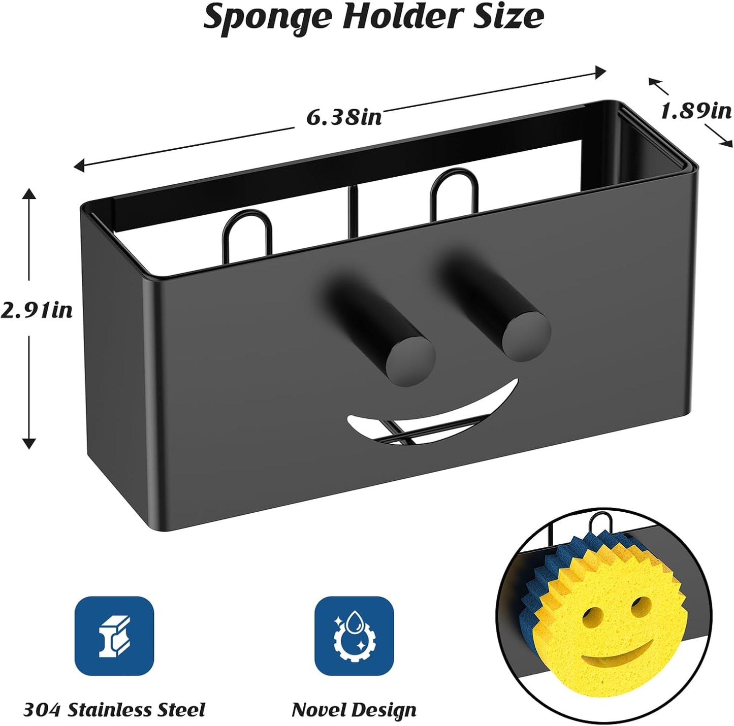 Sponge Holder for Kitchen Sink,Smiley Face Sink Caddy,Sponge Holder Stainless Steel with Suction Cups & 1 PCS Adhesive Strips for Holding Soap,Brush,Scrubber,Sponge-Black