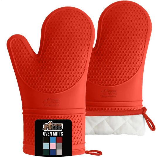 GORILLA GRIP BPA-Free Soft Silicone Oven Mitts, Heat Resistant and Waterproof Cooking Gloves, Thick Cotton Lining, Flexible Gripping for Baking Grilling, Kitchen Potholders Set of 2, 12.5x8.3, Coral