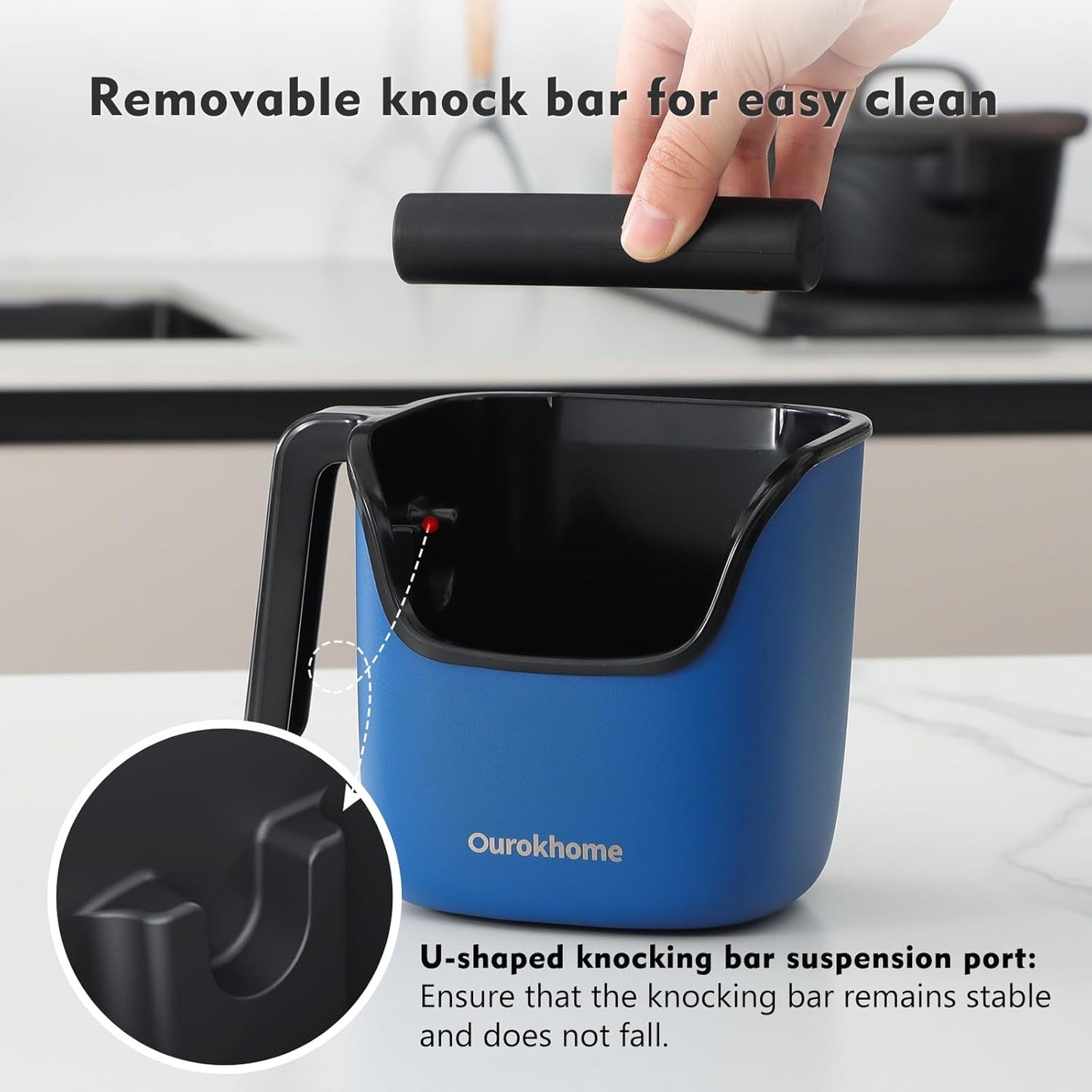 Ourokhome Knock Box Espresso Accessories, The Latest Patented Stainless Steel Espresso Machine Tool for Coffee Ground with Removable Knock Bar, Handle and Lid, Dishwasher safe, 4.8 inch (Deep Blue)