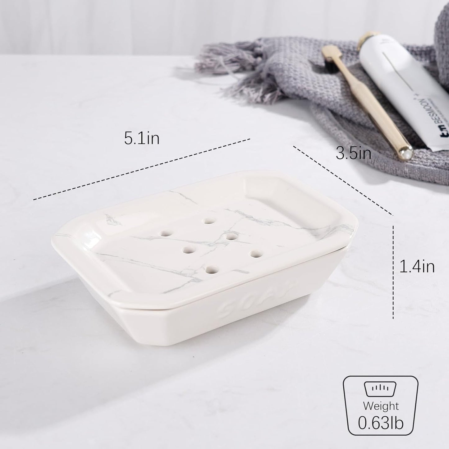 Soap Dish, Ceramic Self-draining Soap Holder, Double Layer Bar Soap Holder with Drain, Soap Dishes for Bathroom Shower Kitchen, Easy to Clean Keep Soap Dry, Off-white with Marble Pattern, ANTIS'S HOME