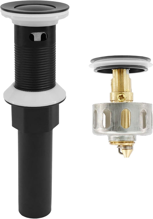 Bathroom Sink Drain,Drain Stopper Bathroom Sink with Overflow,Small Cap Pop Up Drain Assembly with Detachable Strainer Basket,Built-in Anti-Clogging, Stainless Steel Nut Matte Black