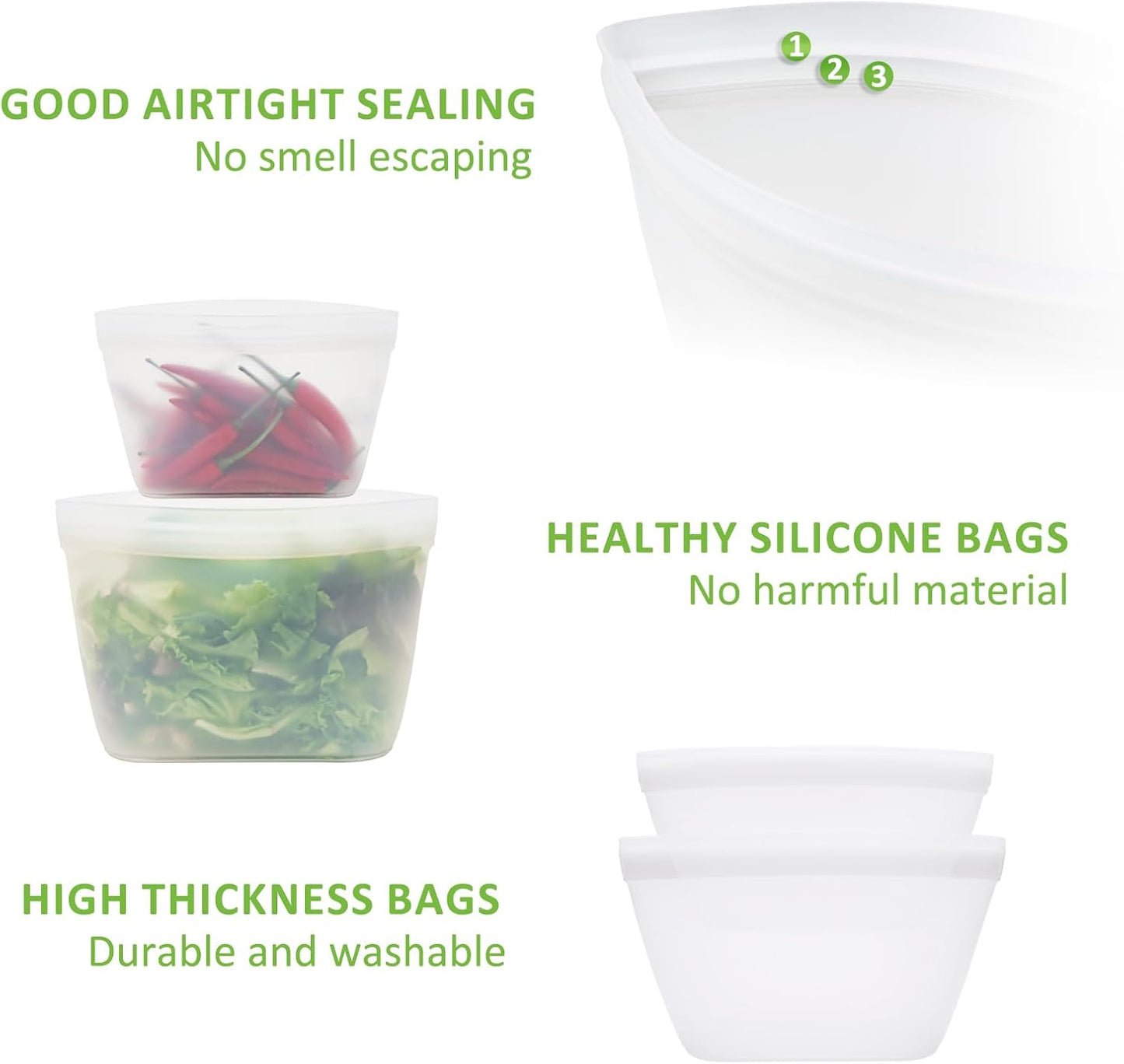 Silicone Bags for Food Storage, Reusable Zip Lock Silicone Food Storage Containers Stand Up Snack Bags, Freezer Microwave Oven Dishwasher Safe, Plastice BPA-Free 3 Pack(40oz 20oz 12oz)