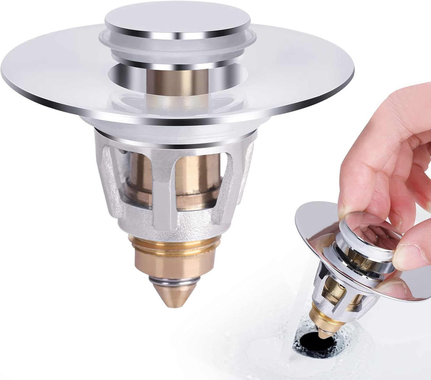 U.S. Standard Bathroom Sink Stopper 1.1"-1.5", Stainless Steel Universal Pop Up Drain Stopper for Bathroom Sink, Universal Drain Filter Drain Plug with Spring Core Push Type Converte