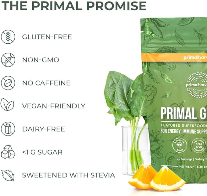 Primal Harvest Primal Greens Powder, 30 Servings Once Daily Supergeens Nutritional Supplement with Spirulina, Mushroom Blend & Probiotics to Support Energy, Wellness, & Digestion