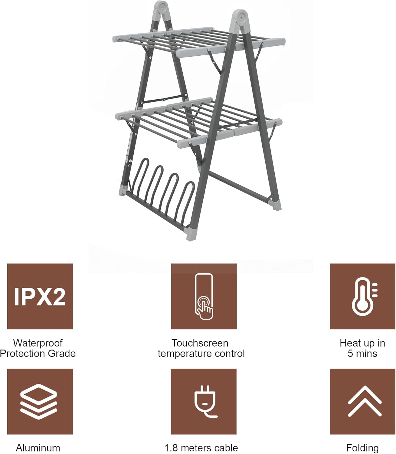 Electric Heated Clothes Drying Rack,Foldable Heated Garment Dryer with Timer Shut-Off Laundry Rack for Clothes Shoes Socks,Aluminum Alloy,Space Gray,Plug & Play,(39.37x25.98x23.82in)