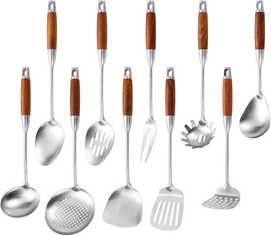 Stainless Steel Kitchen Utensils Set with Wood Handle, 18/10 Metal Cooking Utensils Set, 10-Piece - Spatula, Spoon, Ladle, Skimmer, Slotted Turners, Pasta Server, Fork, Masher(Dishwasher Safe)