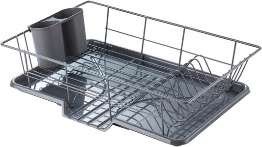 Sweet Home Collection Space-Saving 3-Piece Dish Drainer Rack Set: Efficient Kitchen Organizer for Quick Drying and Storage - Includes Cutlery Holder and Drainboard - Maximize Countertop Space, Gray