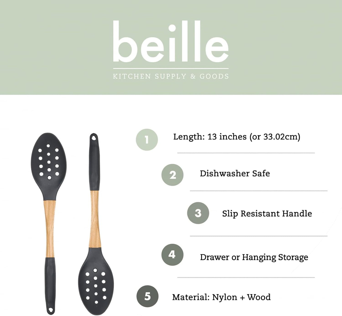 Beille Grey Nylon Slotted Spoon with Wooden Handle Kitchen Utensils High Heat Resistance, 13 Inch