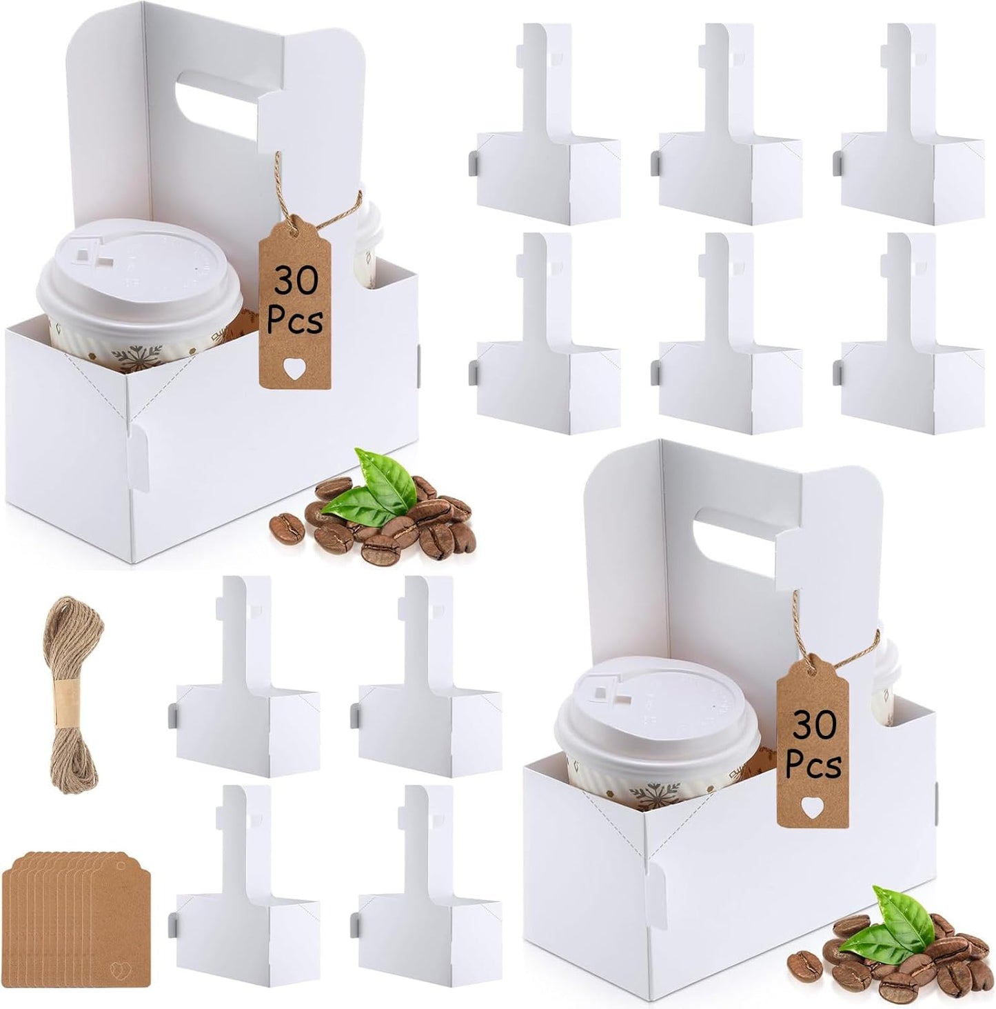 30 Pack 2 Cup Disposable Drink Carrier with Handle Paperboard Coffee Cup Holder Portable for Hot Cold Drinks Food Delivery Services with Heart Card for Teacher Appreciation Week Mother's Day