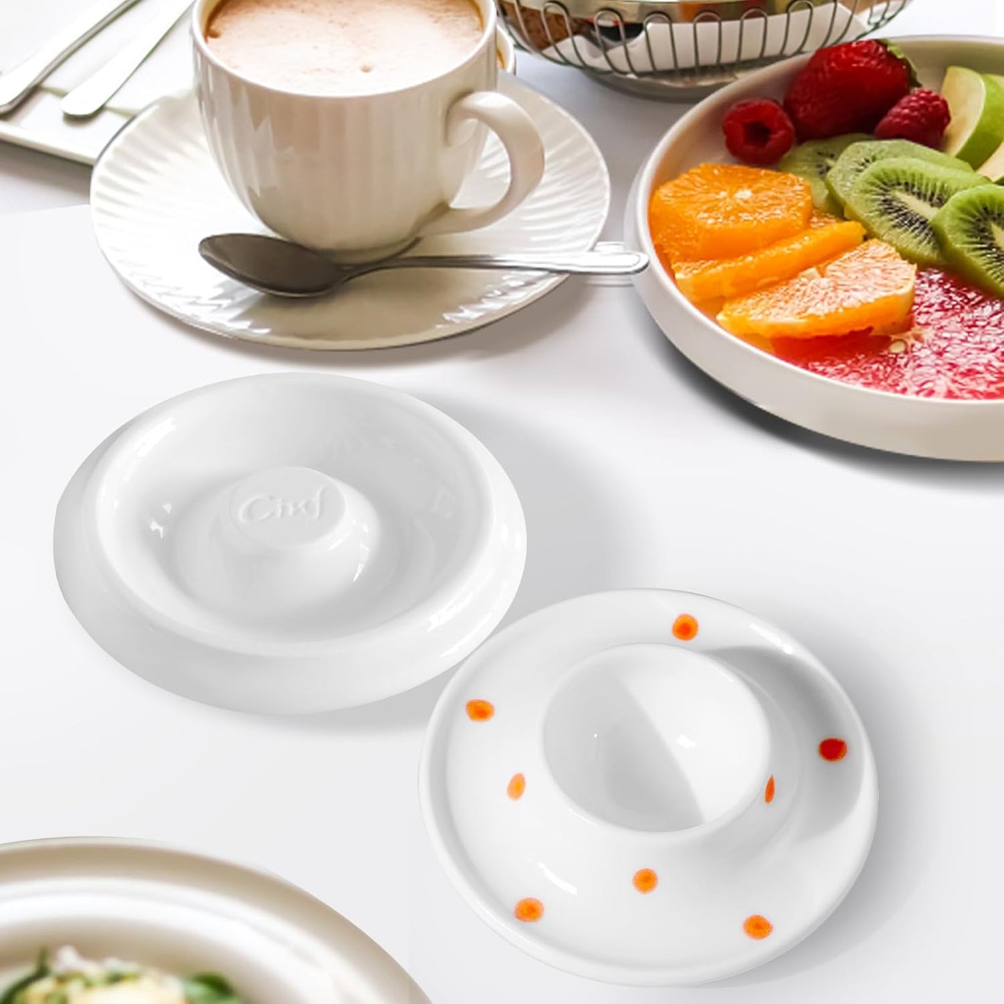 Cinf Ceramic White Egg Holder Set of 2 Porcelain Holder Breakfast Boiled Cooking Easy to Clean Childhood Memories Kitchen（Orange Dot)