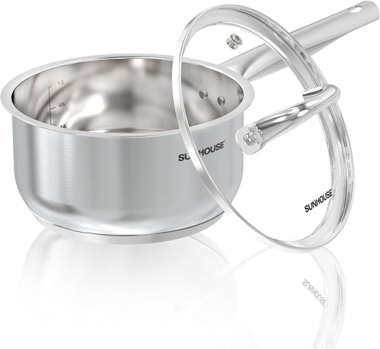 SUNHOUSE – 2 Quarts Stainless Steel Sauce Pan with Lid - PFOA-FREE, Stainless Steel Sauce Pan, Advanced Impact Bonding Induction Base, Stay-Cool Handle, Compatible with All Cooktops