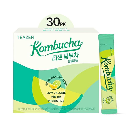 TEAZEN Green Mandarin Lime Kombucha Tea, Hydration Drink Mix, Sugar Free, Live Probiotics & Prebiotics, 30 Sticks, 5.29oz