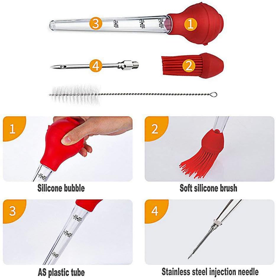 Best tableware Turkey Baster set of 4 commercial-grade quality FDA silicone bulbs, including marinating needles and barbecue brushes and cleaning brushes, easy to clean and can be used repeatedly.