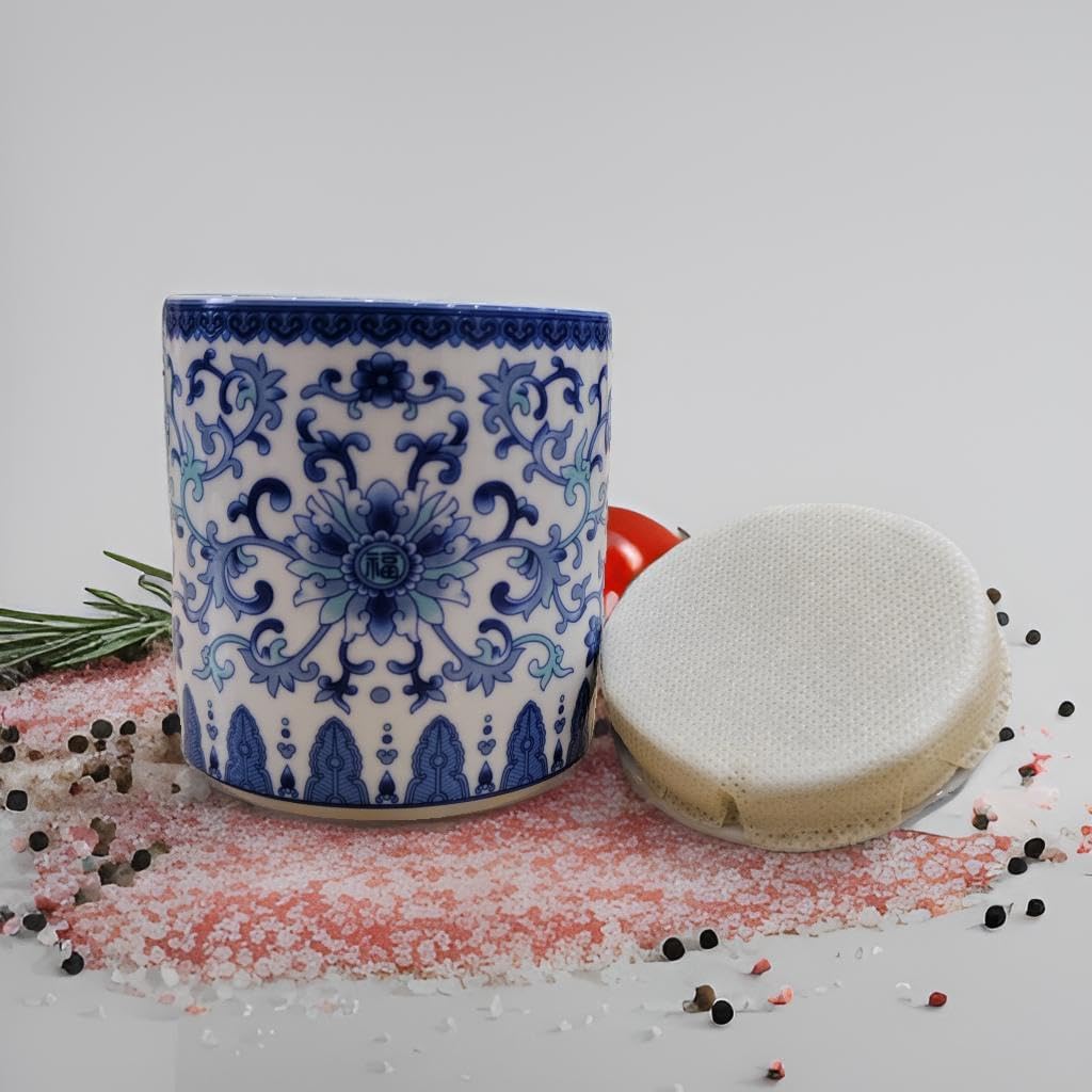 Small Vintage Blue and White Porcelain Salt Cellar with Lid Ceramic Salt Holder Container for Countertop, Airtight Spice Jar, Kitchen Storage Dish