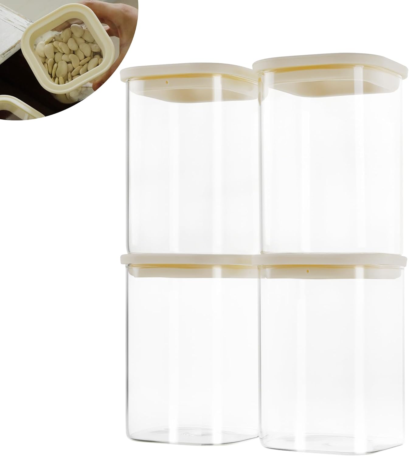 4pcs 40oz Square Pantry Glass Jars with Clear Airtight Lids Kitchen Canisters Sets for Flour, Sugar Refrigerator Safe, Patent Approved
