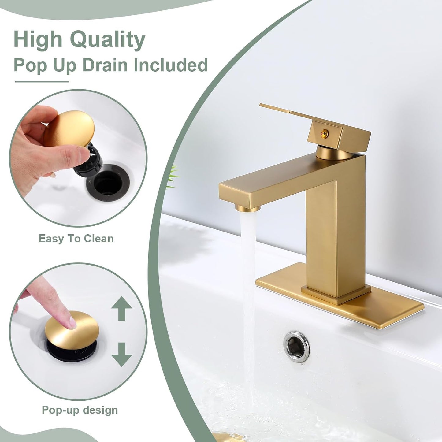 Bathroom Faucet Brushed Gold Single Handle Vessel Sink Faucet 1 Hole Modern Stainless Steel Vanity Faucet for Bathroom Sink with Pop Up Drain Stopper & Water Supply Hoses