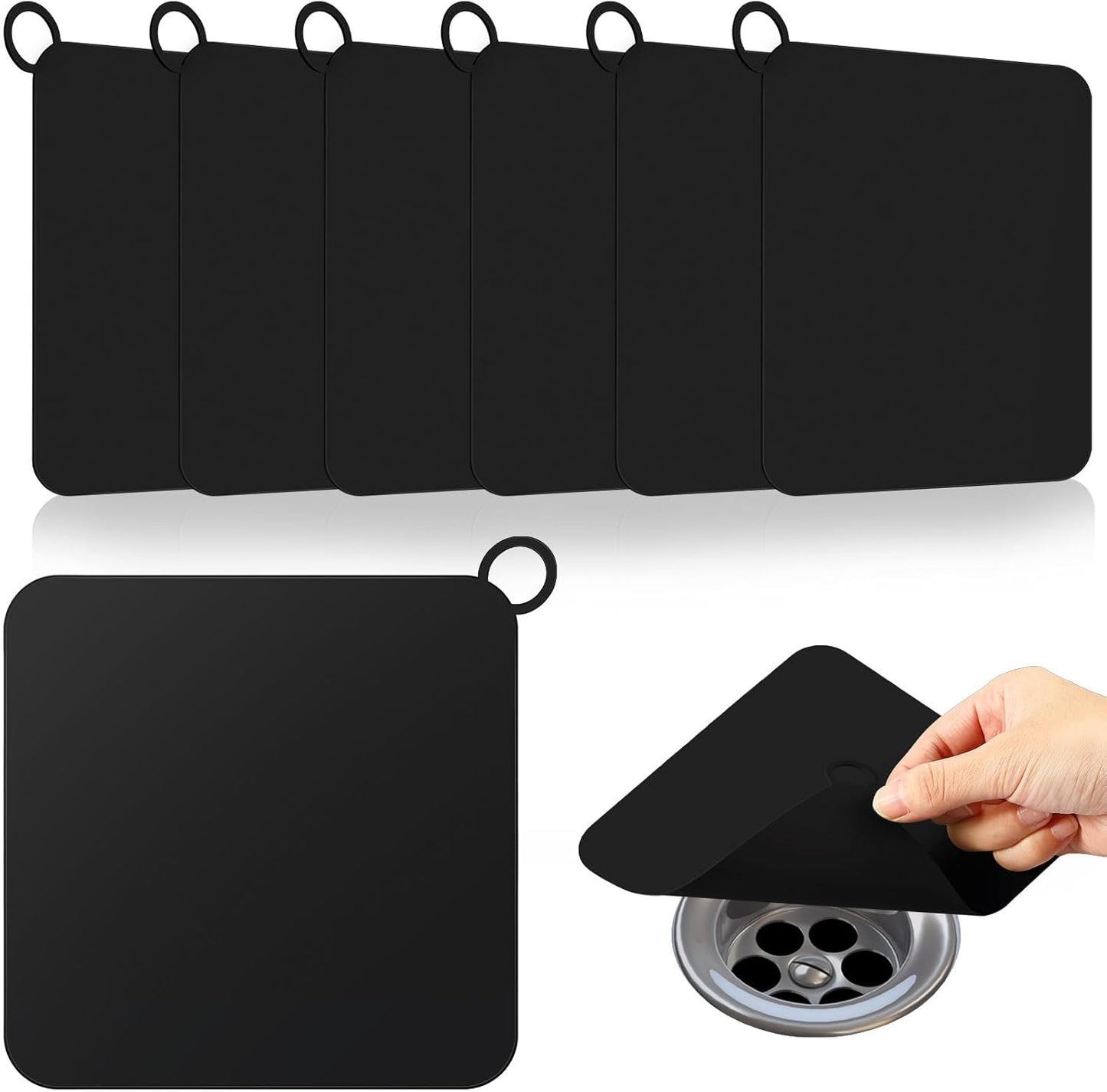 Yinkin 6 Pcs Drain Covers to Keep Bugs Out Silicone Shower Floor Tub Stoppers Bathtub Drain Stoppers Sewer Anti-Odor Mats Deodorizing Plugs for Bathroom(6 x 6 Inch,Square,Black)