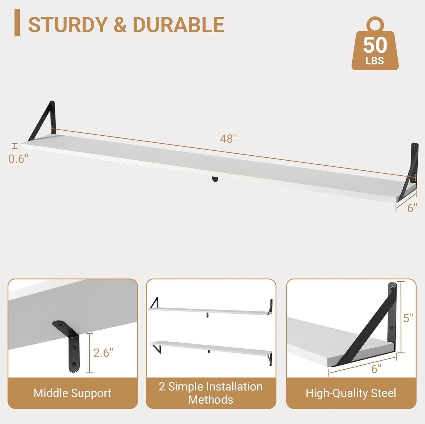 Heimlove 48 Inch Large Wall Bookshelves Set of 3, Wall Mounted Bookshelves,Heavy Duty Wooden Shelves for Living Room,Bedroom,Kitchen,Laundry Room Storage & Decor