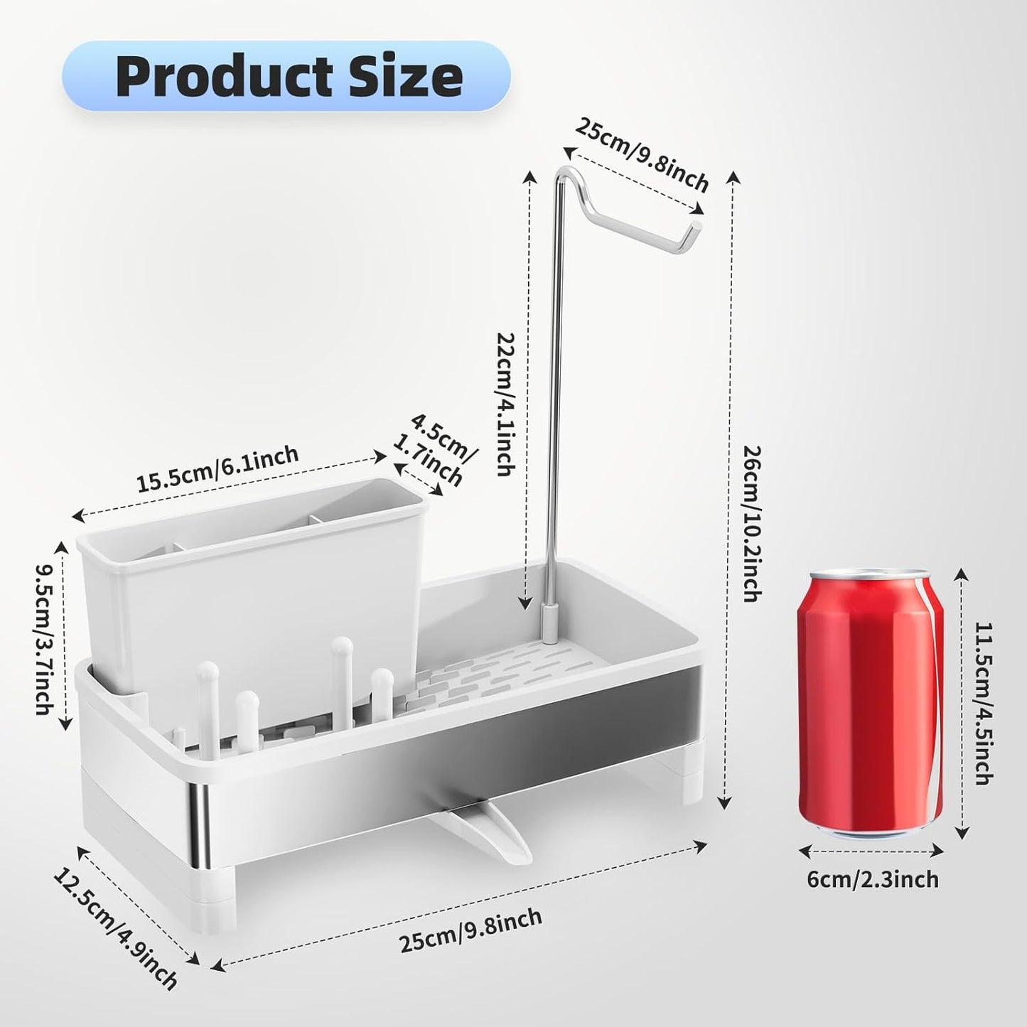 Stainless Steel Sink Caddy, Sponge Holder for Kitchen Sink with Brush Holder & Dishcloth Rack, Rustproof Sink Organizer Countertop, Kitchen Organizers Storage Essentials (E-White)