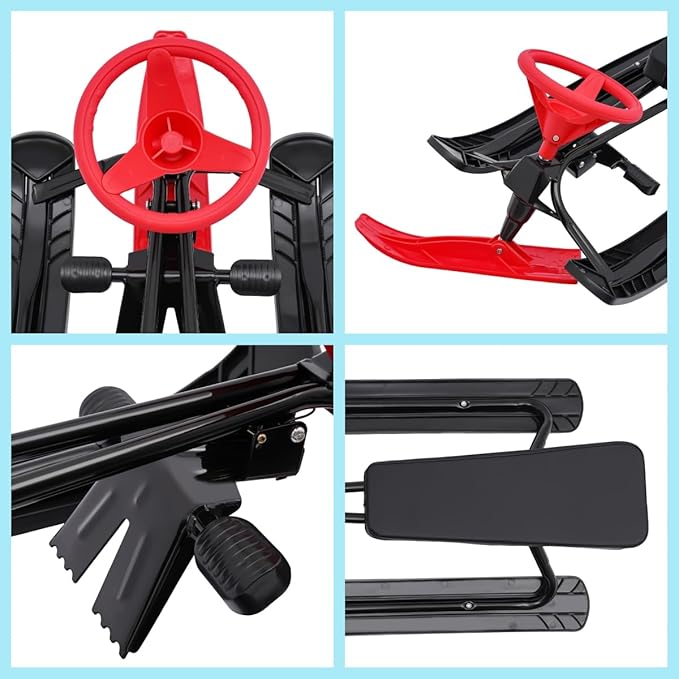Snow Racer Sled, Ski Sled Slider Board with Steering Wheel, Twin Brakes, Anti-Slip Pedal, Snow Sled for Kids