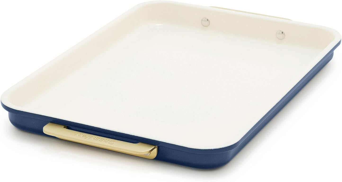 GreenPan Bakeware 13" x 9" Quarter Sheet Pan, Ceramic Nonstick Baking Pan, PFAS & BPA Free, Gold Handles, Durable Steel, Versatile & Space Saving Ovenware, Freezer to Oven Dish, Oxford Blue