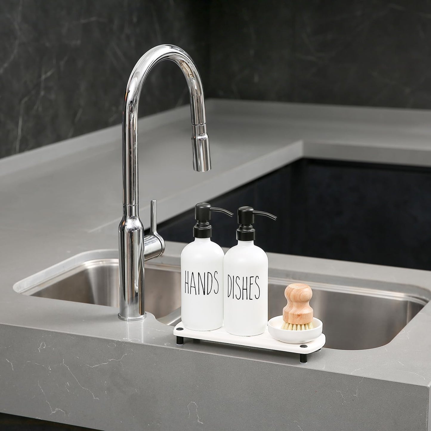 MOMEEMO White Soap Dispenser Set Comes with Stainless Steel Pumps, Instant Dry Tray, and Dish Scrub Brush, Suitable for Kitchen Accessories and Farmhouse Decor. (White)