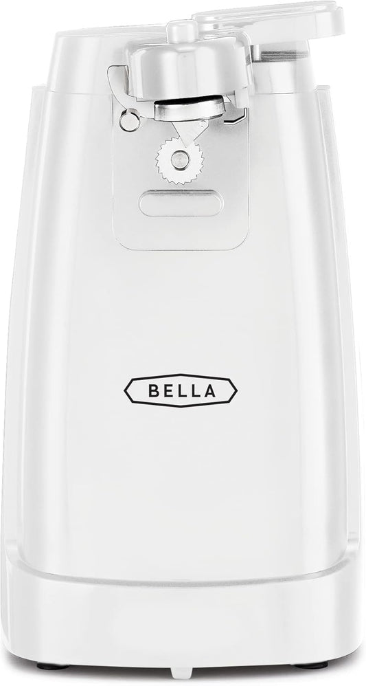 BELLA Electric Can Opener and Knife Sharpener, Multifunctional Jar and Bottle Opener with Removable Cutting Lever and Cord Storage, Stainless Steel Blade, White