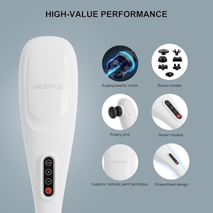 MEGAWISE Handheld Back Massager | Deep Tissue Percussion Relief for Back, Neck, Shoulders, Waist Legs, Full Body for Improved Blood Circulation and Fatigue Relief (Pearl White 6Ft Corded)