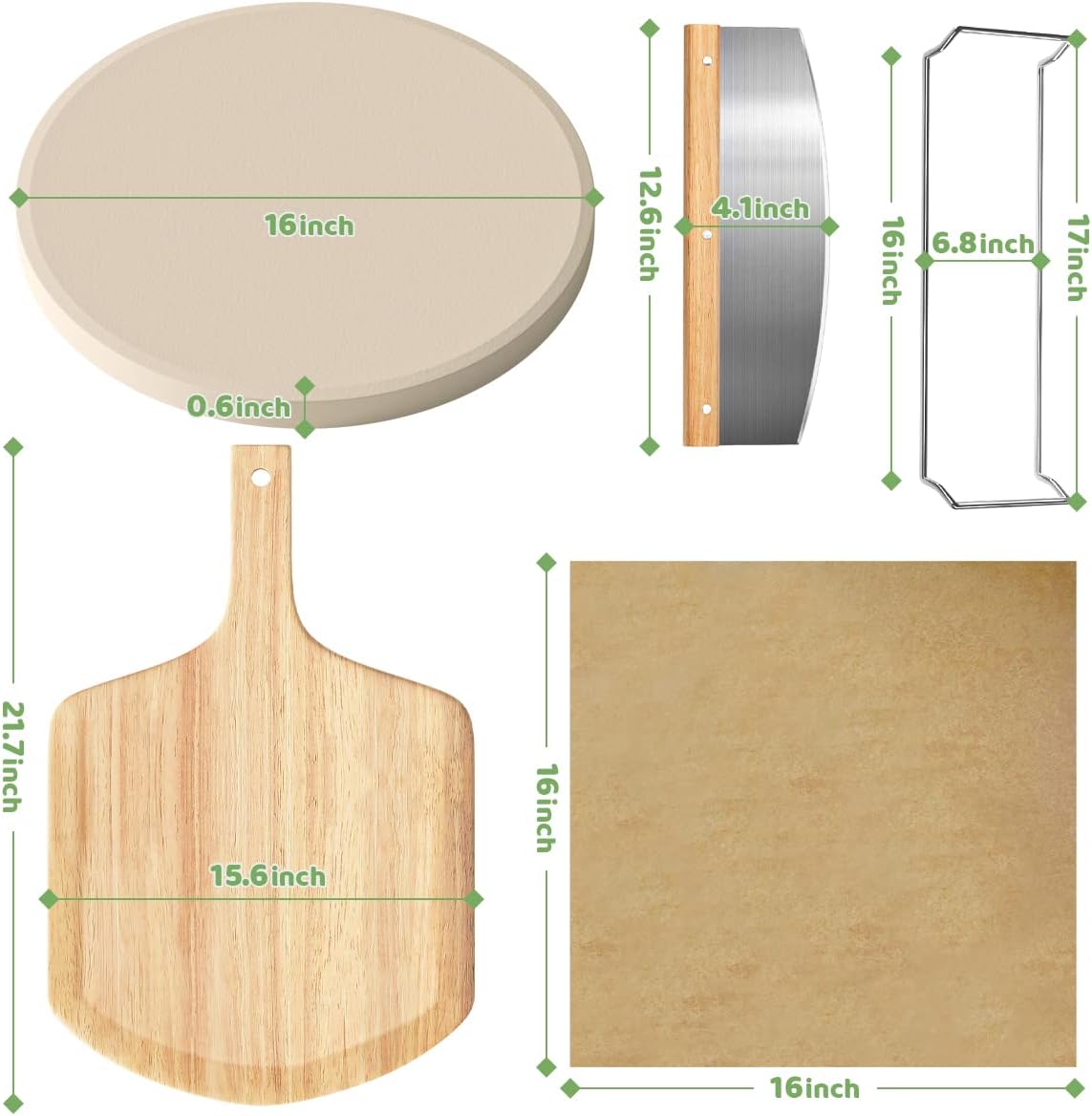 5 PCS Large Pizza Stone Set,Heavy Duty 16" Pizza Stone for Oven and Grill with Handle Rack,Pizza Peel(OAK), Pizza Cutter Rocker & Cooking Paper,Large Baking Stone for Pizza, Bread