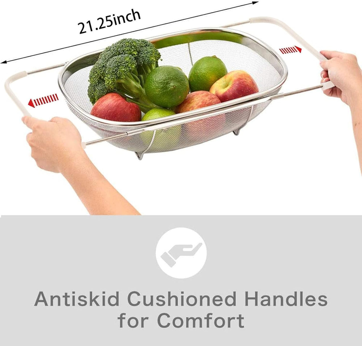 Over The Sink Colander, 6 Quarts Stainless Steel Oval Colander with Expandable Rubber Grip Handle, Fine Mesh Strainer Baskets Kitchen Colander for Strain, Drain, Rinse Vegetables, Fruits, Beige