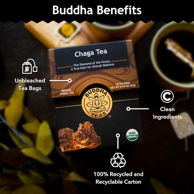 Buddha Teas - Chaga Tea - Organic Herbal Tea - For Cognitive Balance & Overall Health - With Chaga Mushroom, Antioxidants & B Vitamins - Caffeine Free - OU Kosher - 18 Tea Bags (Pack of 1)