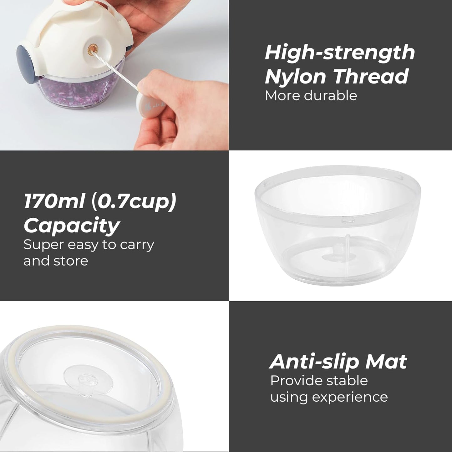 ZHANG XIAO QUAN SINCE 1628 Mini Manual Food Chopper Hand Pull String Vegetable Cutter Onions Garlic Chopper Portable Mincer for Garlic Ginger Herbs Nuts Durable Kitchen Food Processor 0.7 Cup(170ml)