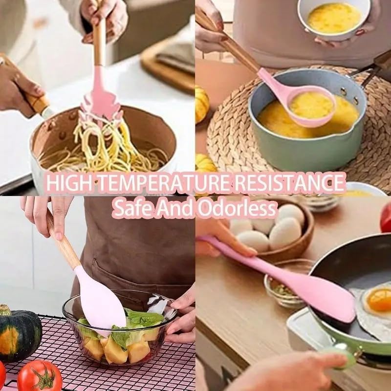 Kitchen Utensil Set with Holder, 19-Piece Silicone Cooking Tools, Wooden Handles, Available in White, Grey, Pink,Black (Pink)