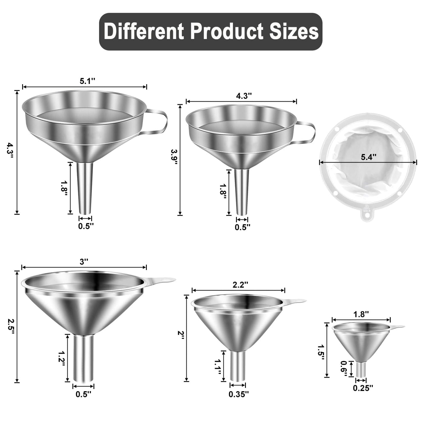 Stainless Steel Funnels for Kitchen use,5 Different Sizes of Kitchen funnels,Metal Funnel with 2 Removable Strainer,Cleaning Brush,200 Mesh Food Filter,for Transferring of Liquid,Oils,Jam
