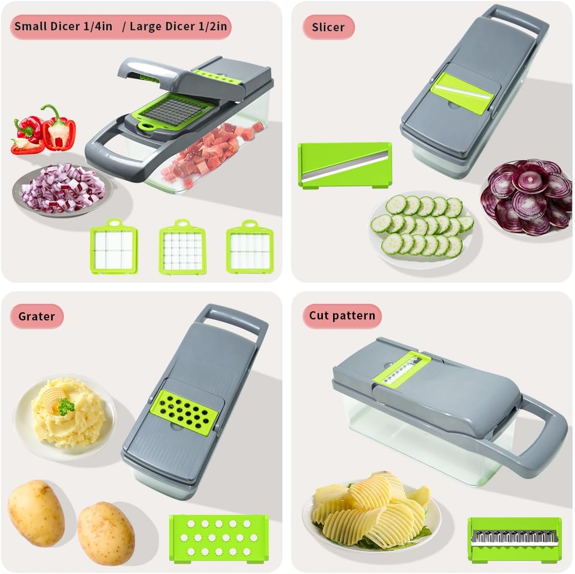 Vegetable Chopper Kit, Stainless Steel Blades, with Veggie Pusher, Grating & Pattern Cutting Blades, Catch Basin & Wash Basket, Safety Lock, Dishwasher Safe Kitchen Gadget