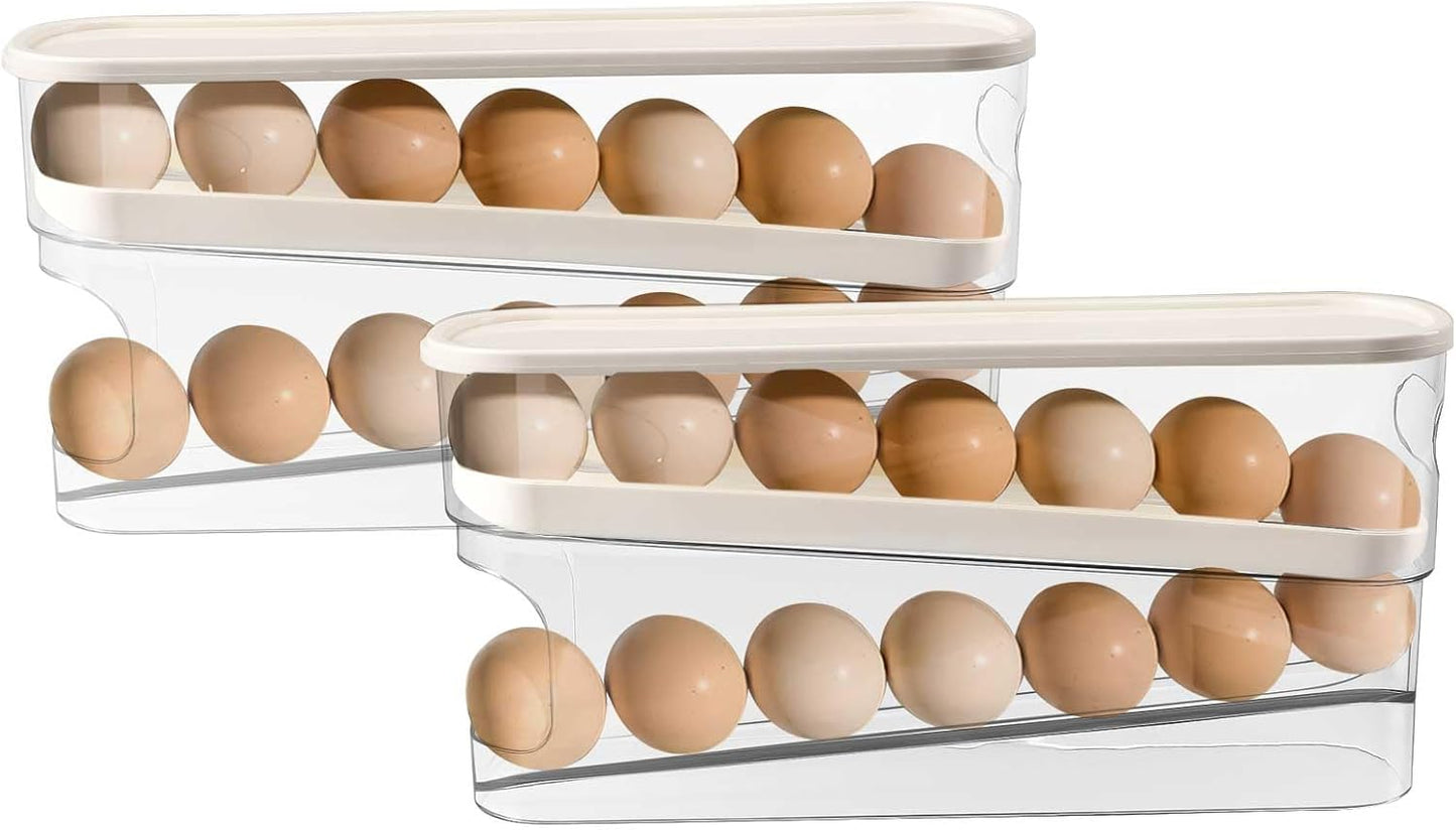 Longzhuo Egg Holder for Fridge, 2 Pcs 2 Layers Auto Rolling Egg Organizer for Refrigerator, for Refrigerator, Countertop, Pantry Organizers and Storage, Clear